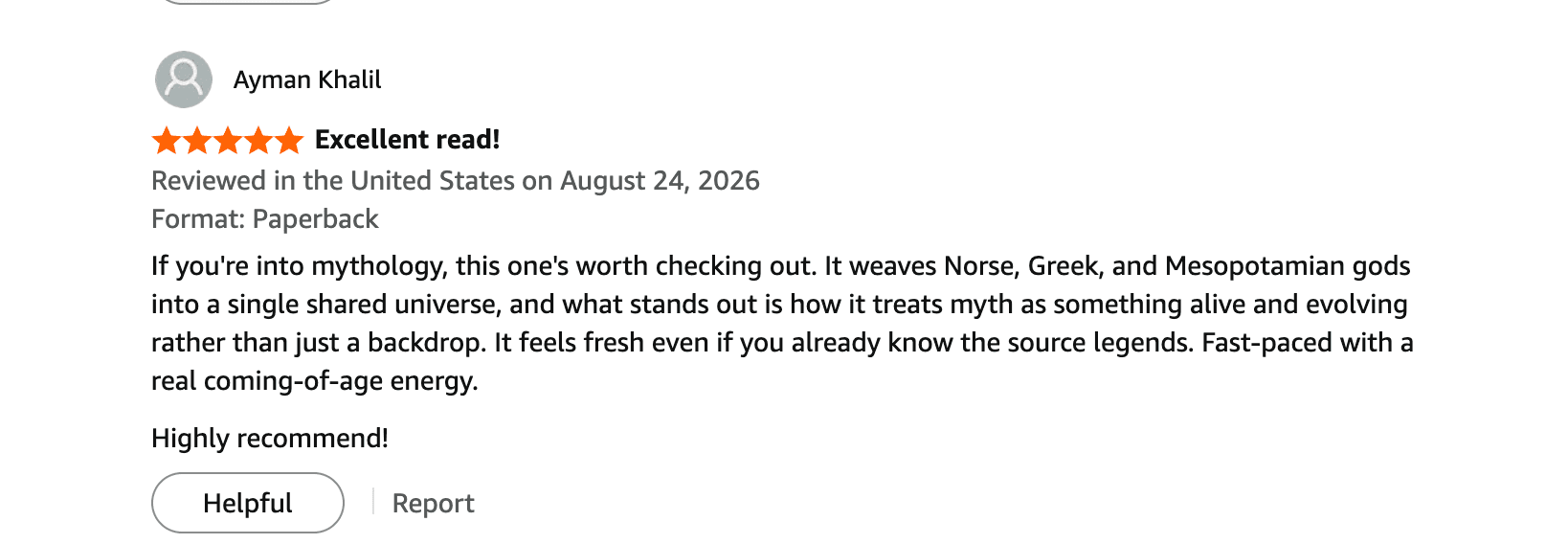 Five-star Amazon review of Pantheon: The Elemental Artifact, screenshot 3