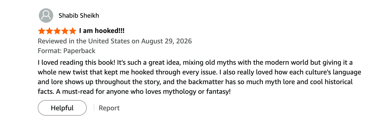 Five-star Amazon review of Pantheon: The Elemental Artifact, screenshot 4