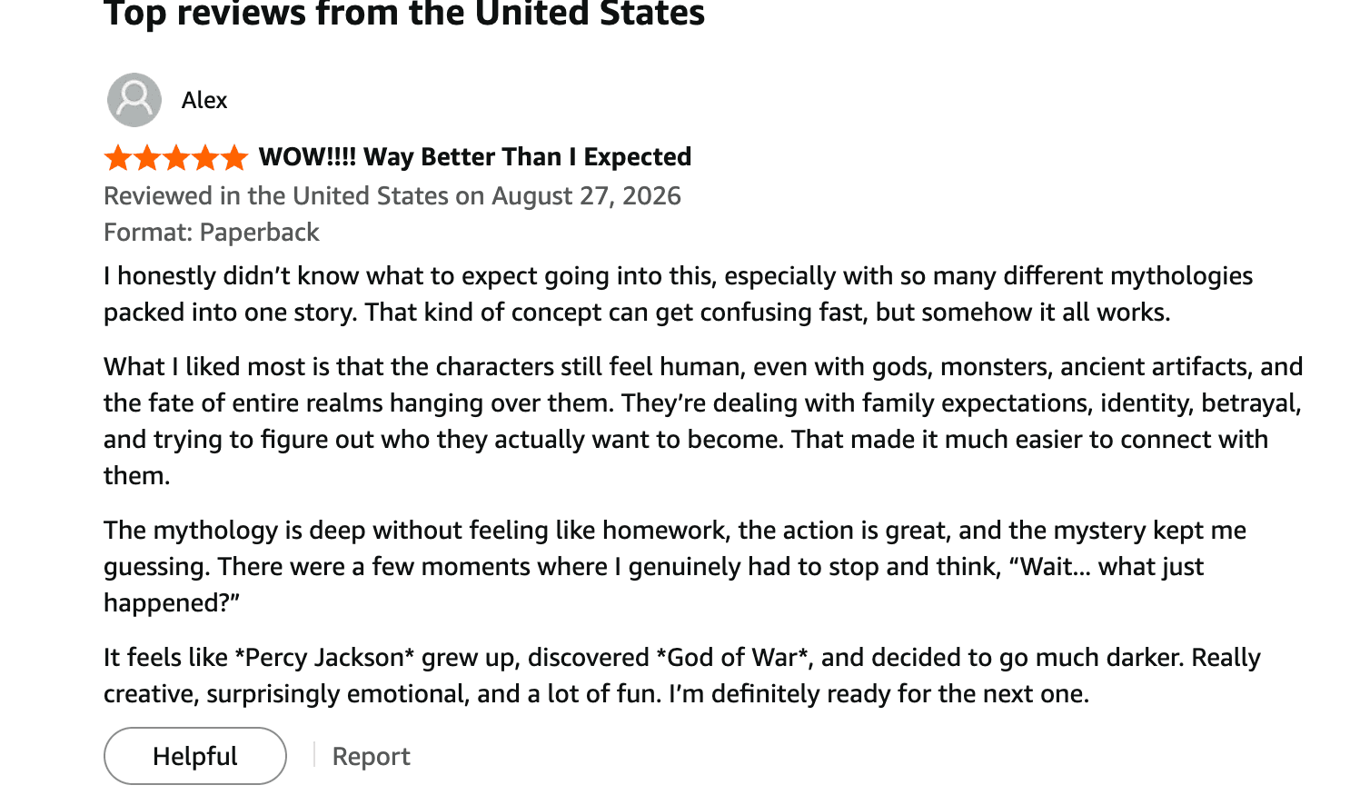 Five-star Amazon review of Pantheon: The Elemental Artifact, screenshot 7