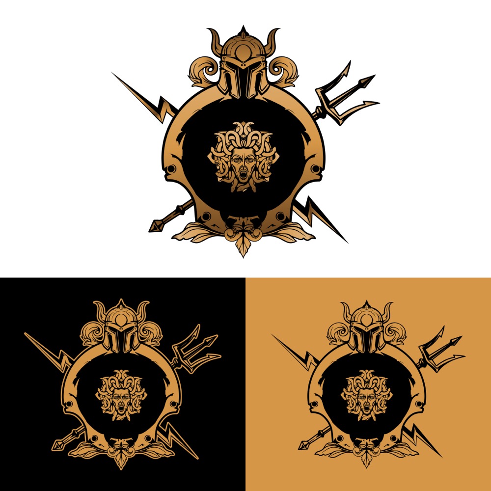 Gold Greco-Roman Pantheon crest on a dark red field with a central lightning symbol