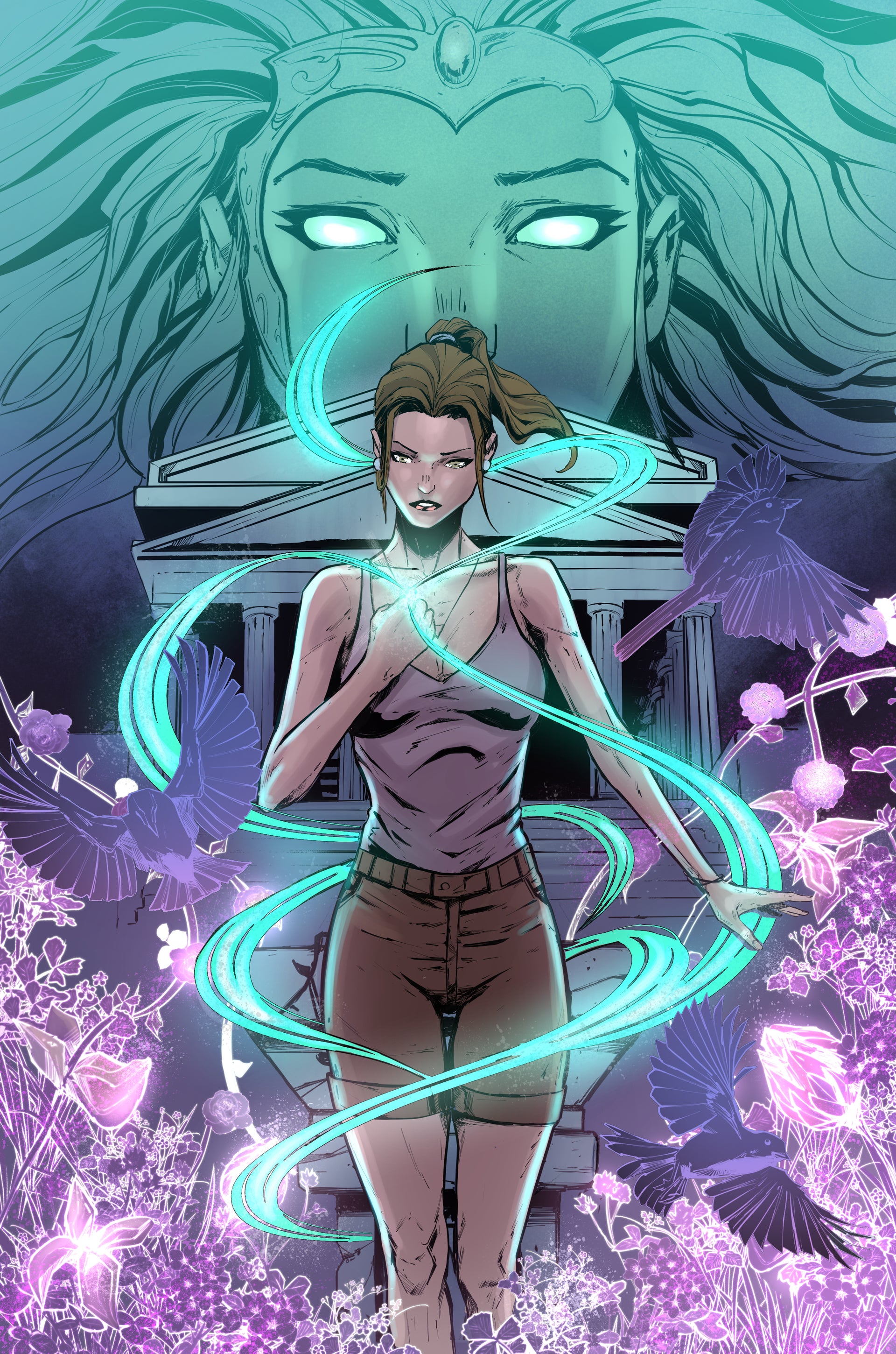 Aurora from Pantheon standing amid teal energy in a modern comic illustration