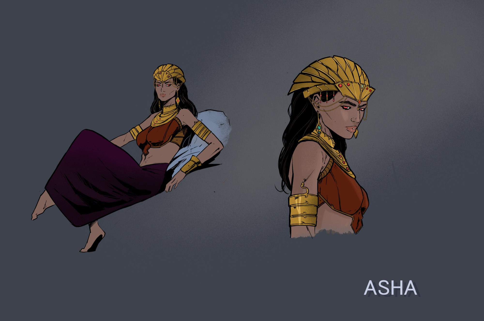 Asha from Pantheon holding a spear amid red energy in a modern comic illustration