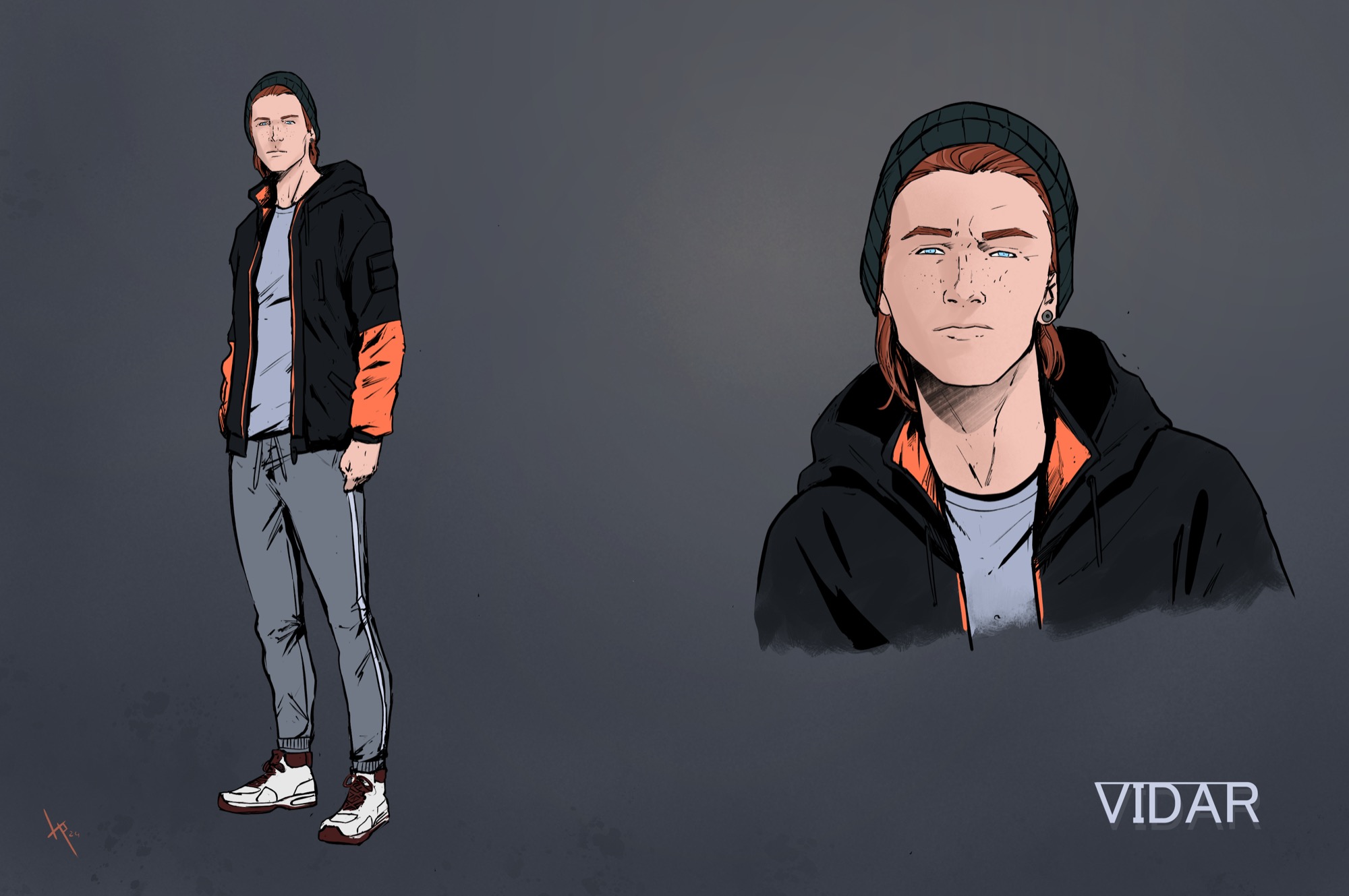 Character design sheet of Pantheon's Vidar, a red-haired young man in a black beanie and dark jacket