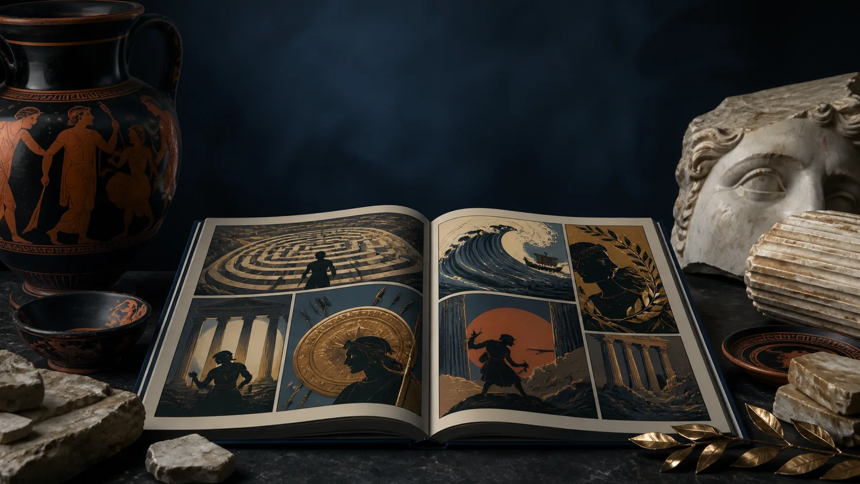 An open Greek mythology comic surrounded by painted pottery, marble, bronze, and gold details