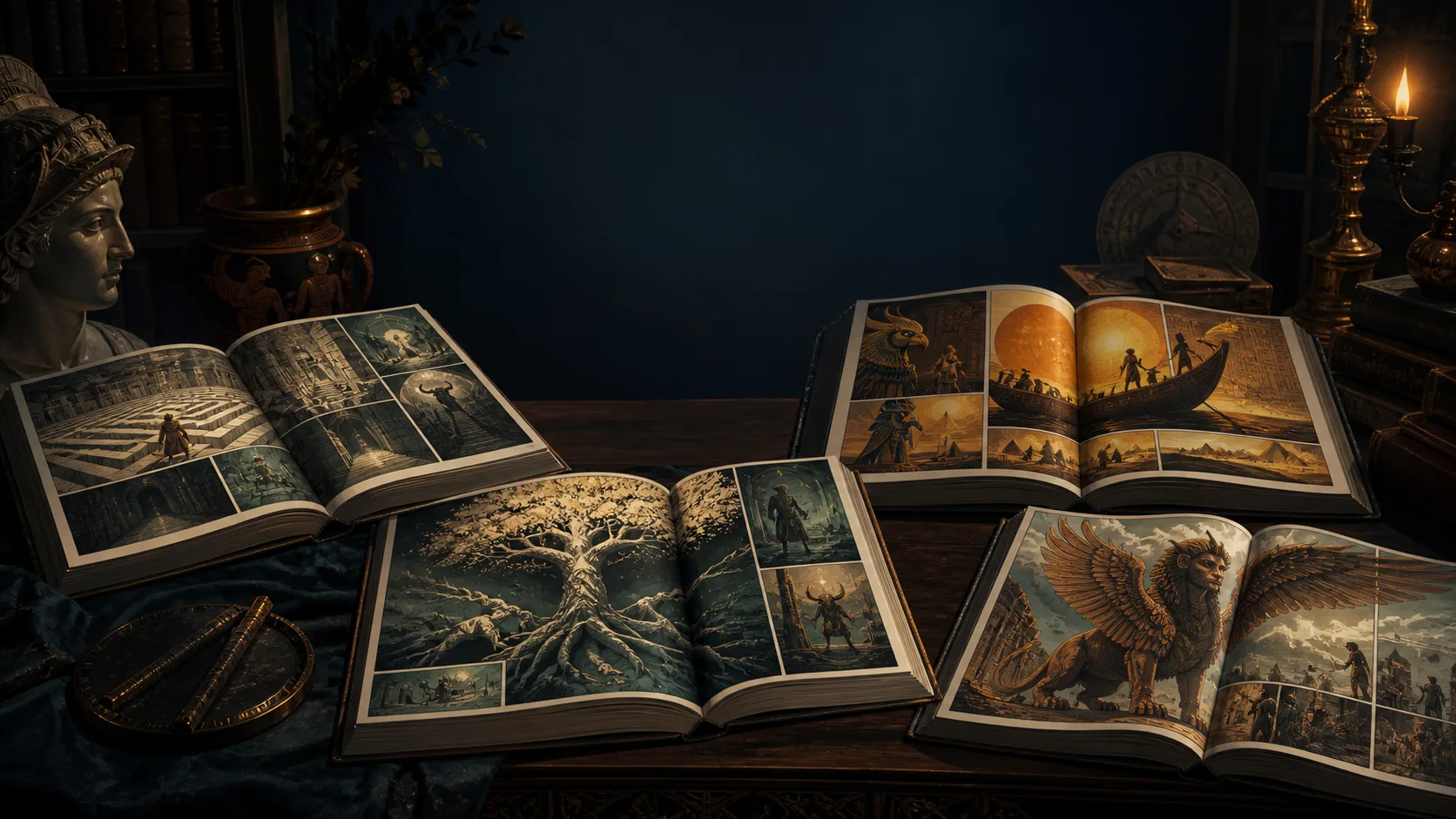 Open fictional graphic novels showing Greek, Norse, Egyptian, and Mesopotamian mythic scenes