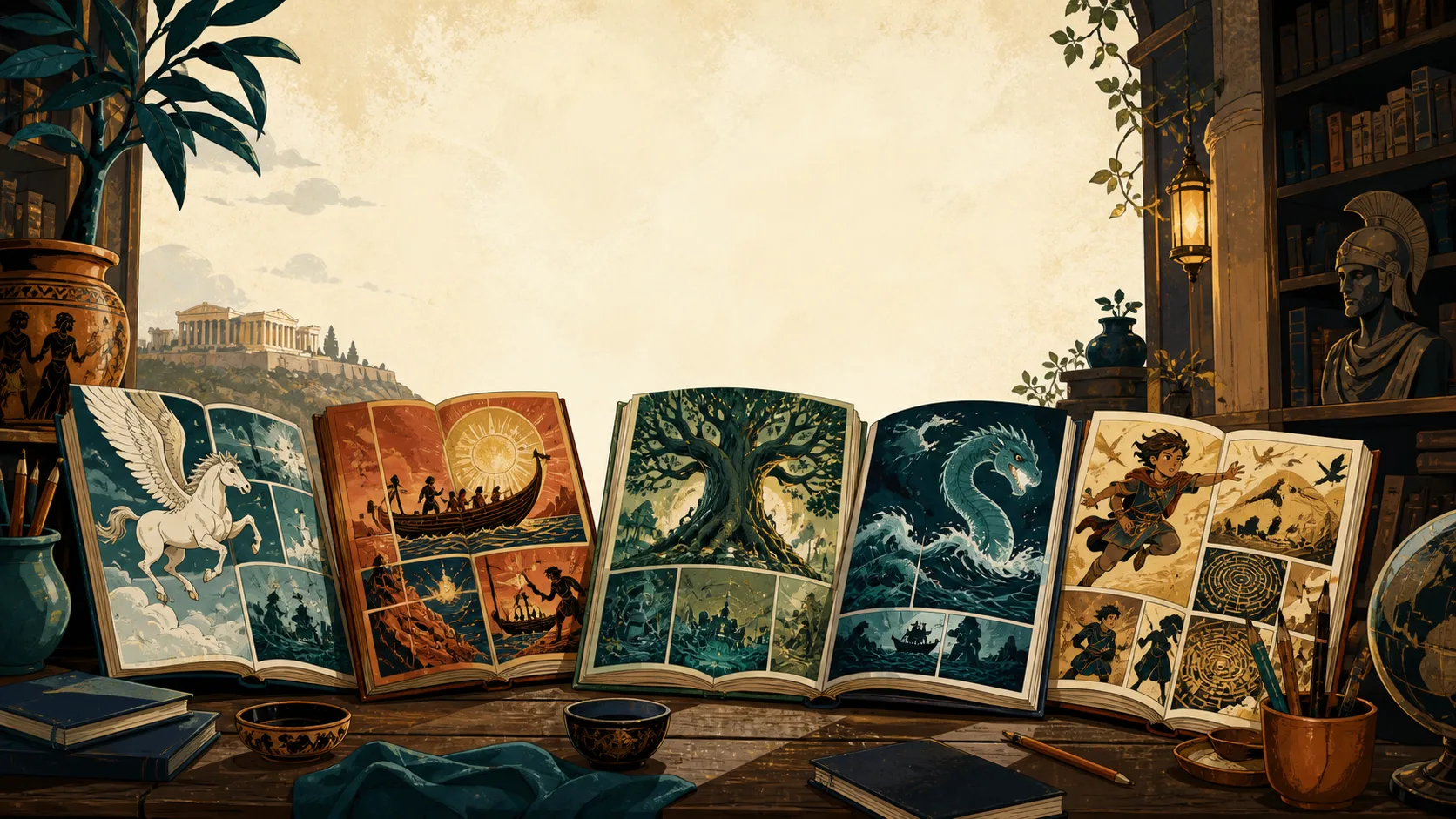 An open mythology comic surrounded by a thunderbolt, sun disk, carved raven, red torii gate, and golden cloud motifs
