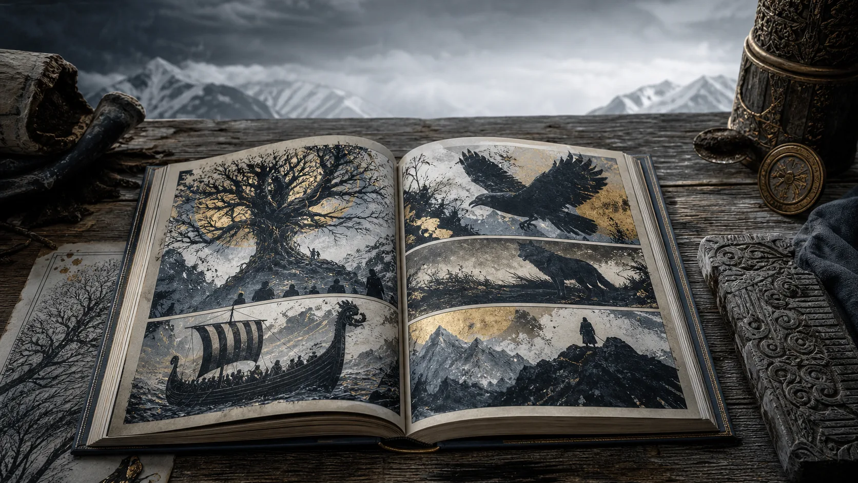 An open graphic novel beside carved wood, a silver arm ring, runes, and a storm-lit hammer on a dark reading table