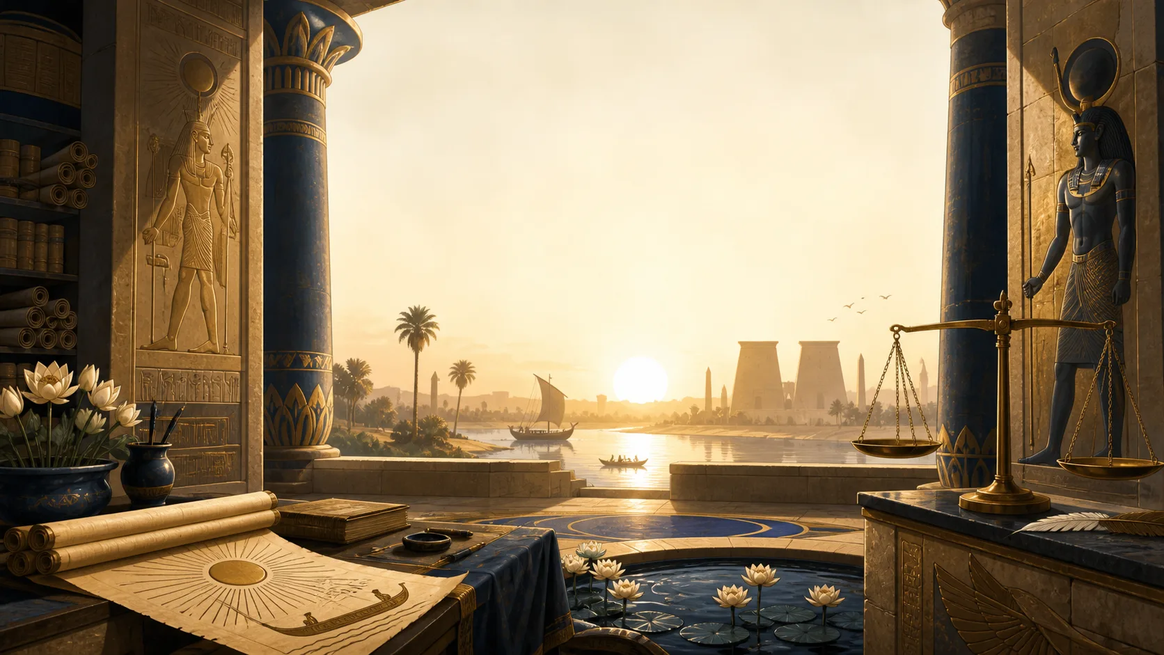 An ancient Egyptian temple beside the Nile at sunrise with the sun disk above its pylons and papyrus plants in the foreground