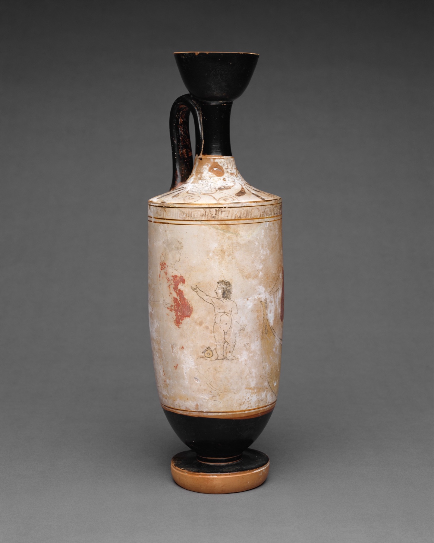 White-ground Athenian oil flask showing a mother and boy visiting Charon in his boat