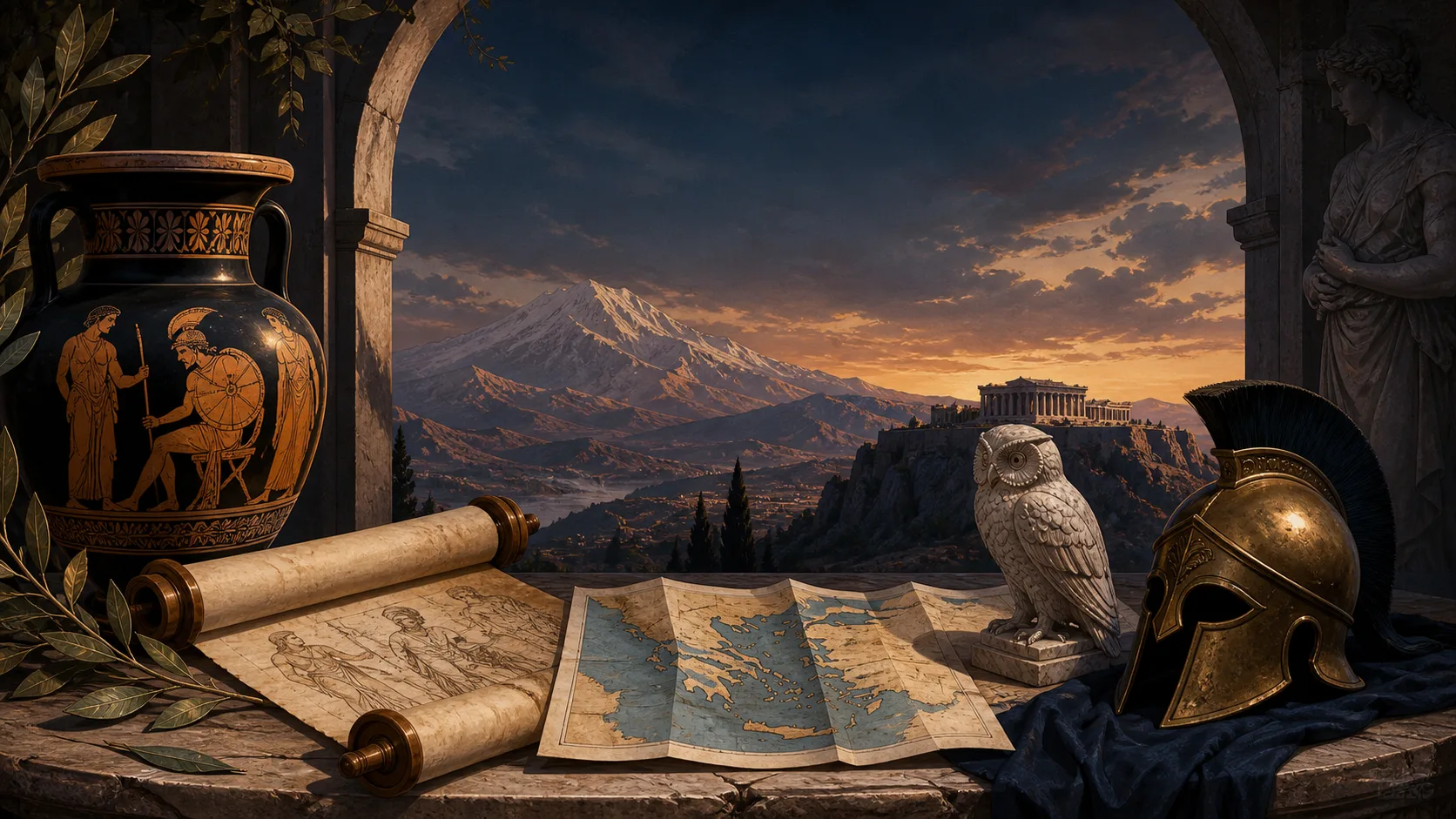 Greek gods and heroes gathered among temple columns beneath Mount Olympus