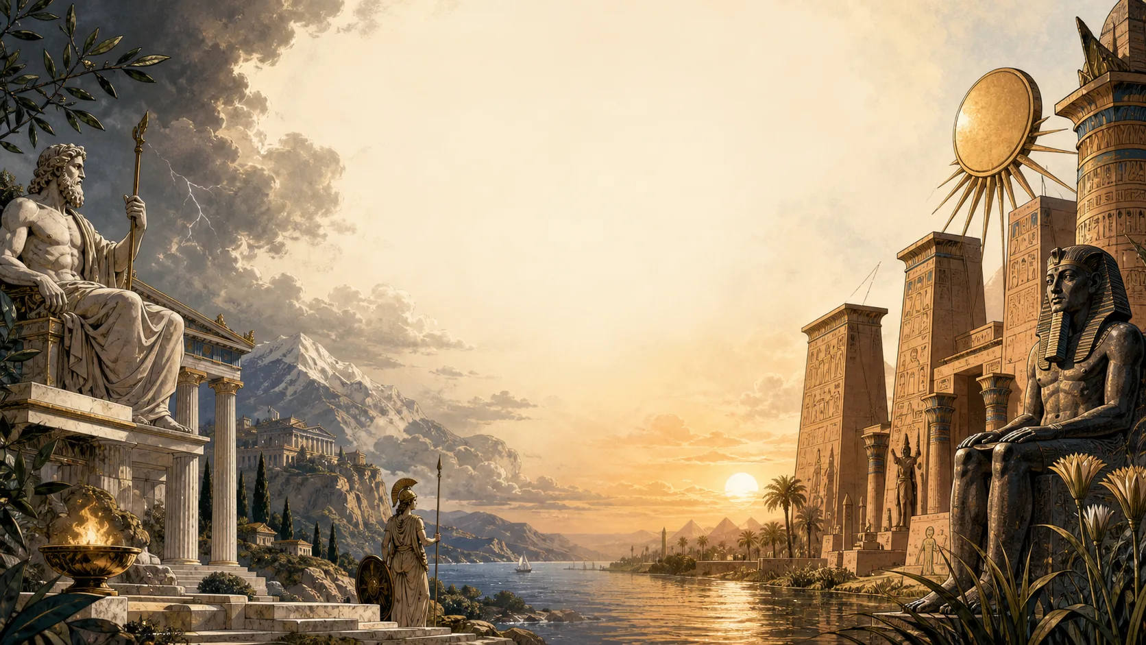 A Greek sanctuary above the Aegean facing an Egyptian temple and the Nile beneath a shared sky