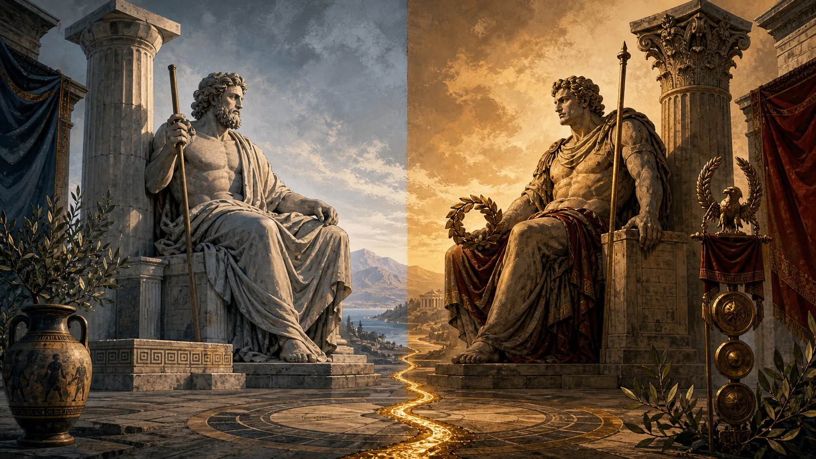 Two monumental classical statues facing one another across a temple court, with cool Greek marble on one side and warm Roman stone on the other