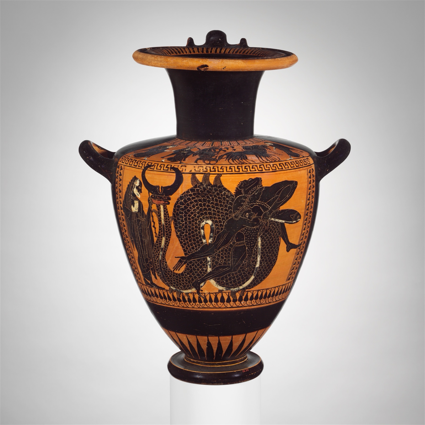 Black-figure scene on an ancient Greek water jar showing Herakles wrestling the fish-tailed sea god Triton