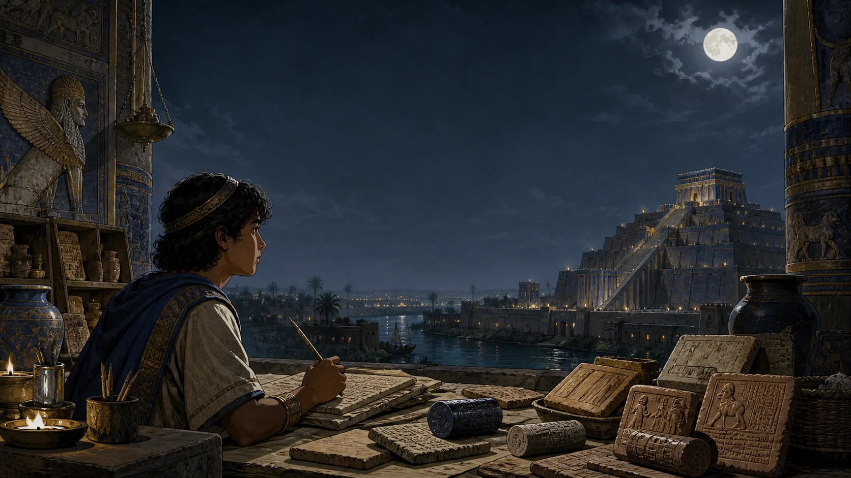 A Mesopotamian temple archive with clay tablets, cylinder seals, and a ziggurat beyond