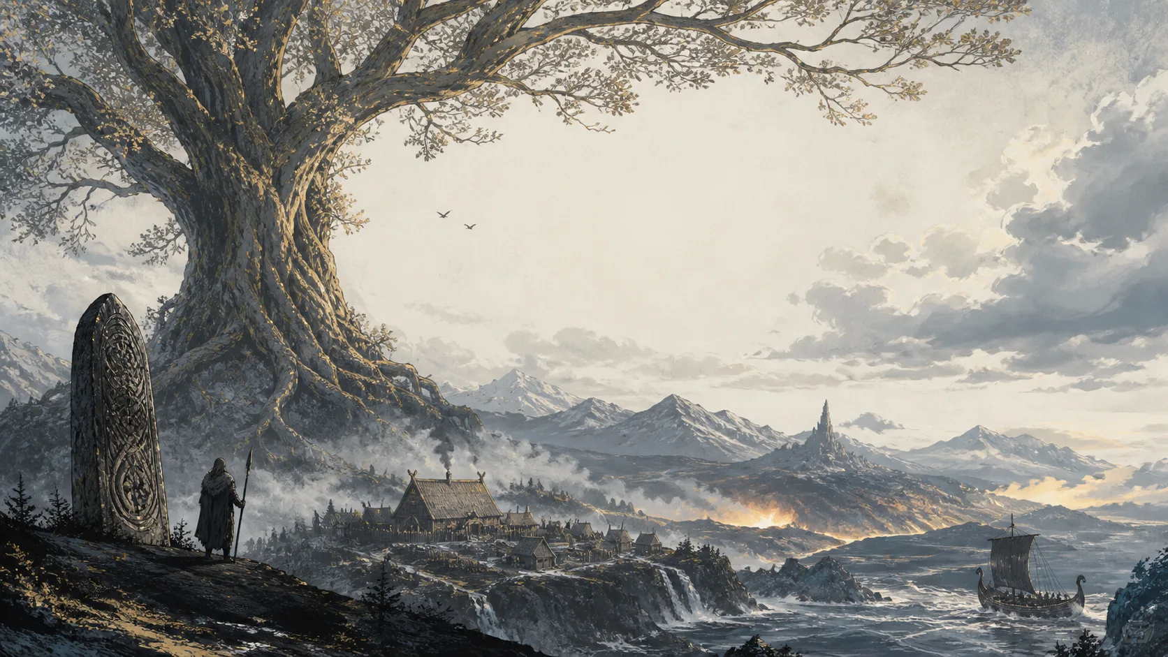 A Norse wanderer beneath Yggdrasil with runes, ravens, and distant mythic worlds among the branches