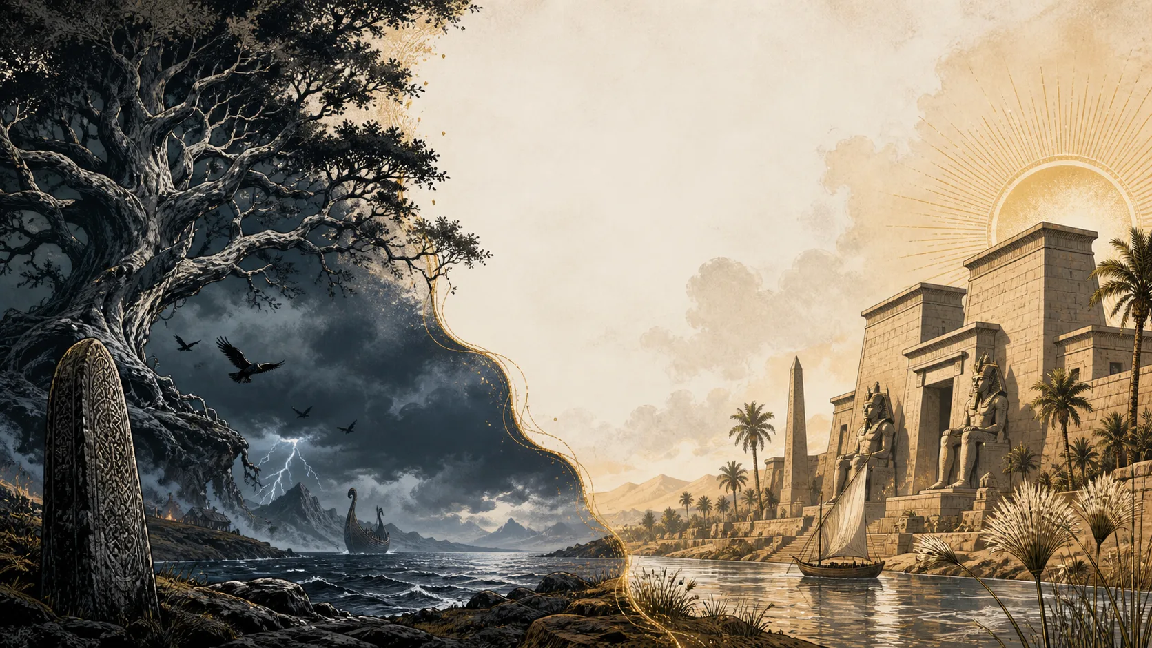 The storm-dark roots of a vast Norse world tree facing a sunlit Egyptian temple beside the Nile