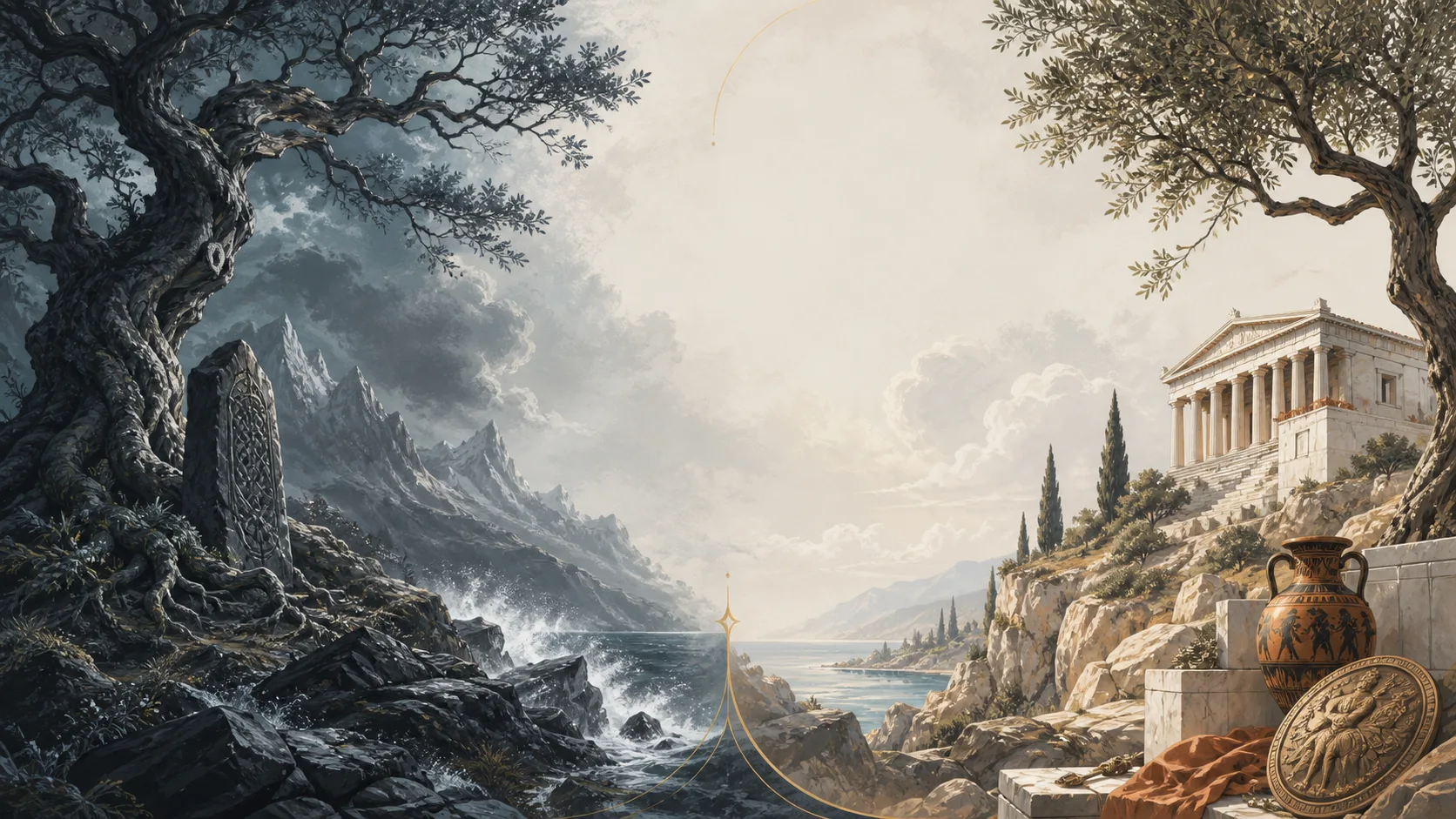 A stormy Norse coast facing a sunlit Greek sanctuary across a shared sea